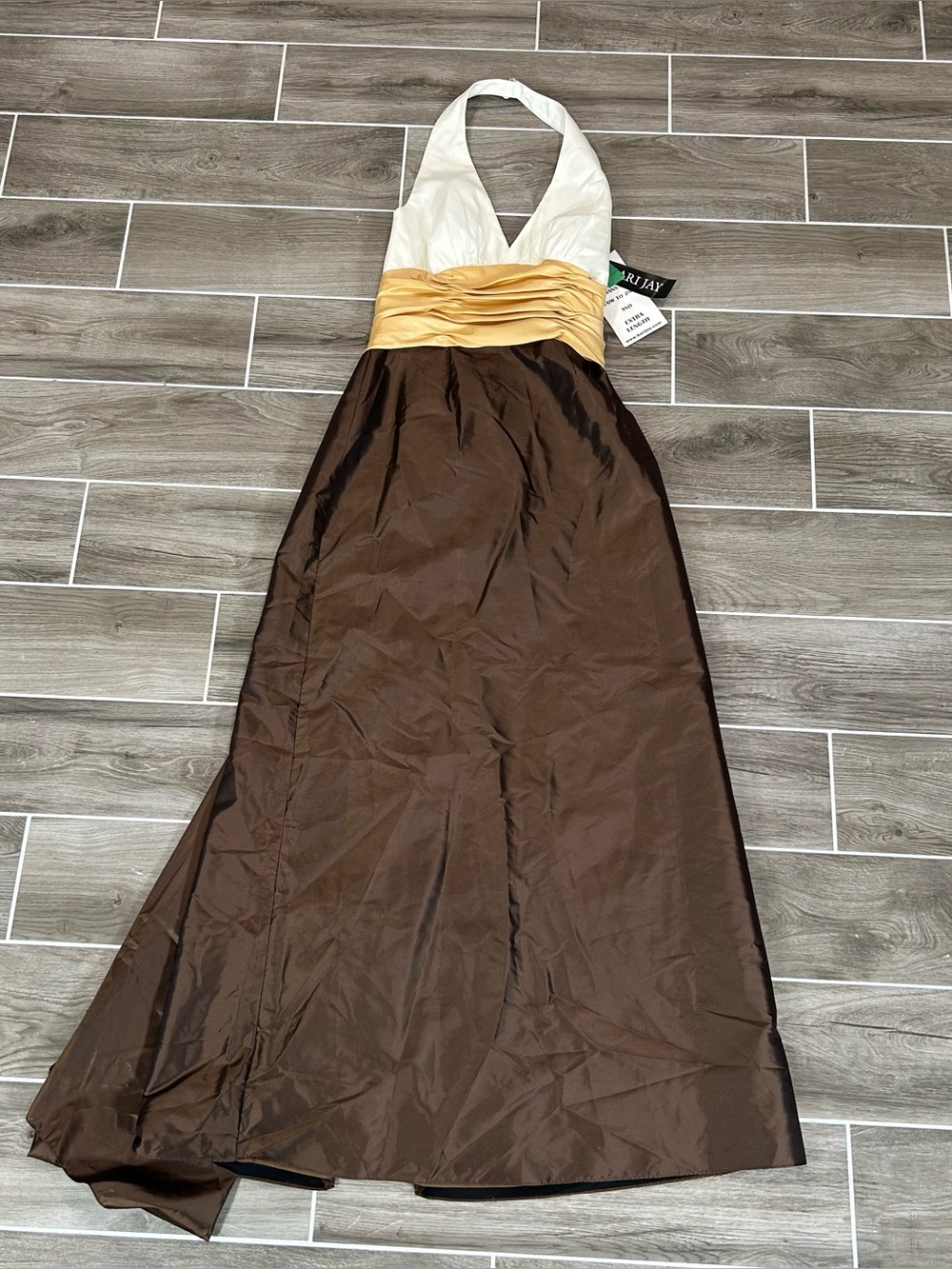 Y2K Bari Jay 449 Halter Maxi Dress Size 10 Brown Gold Ivory Taffeta Formal Gown